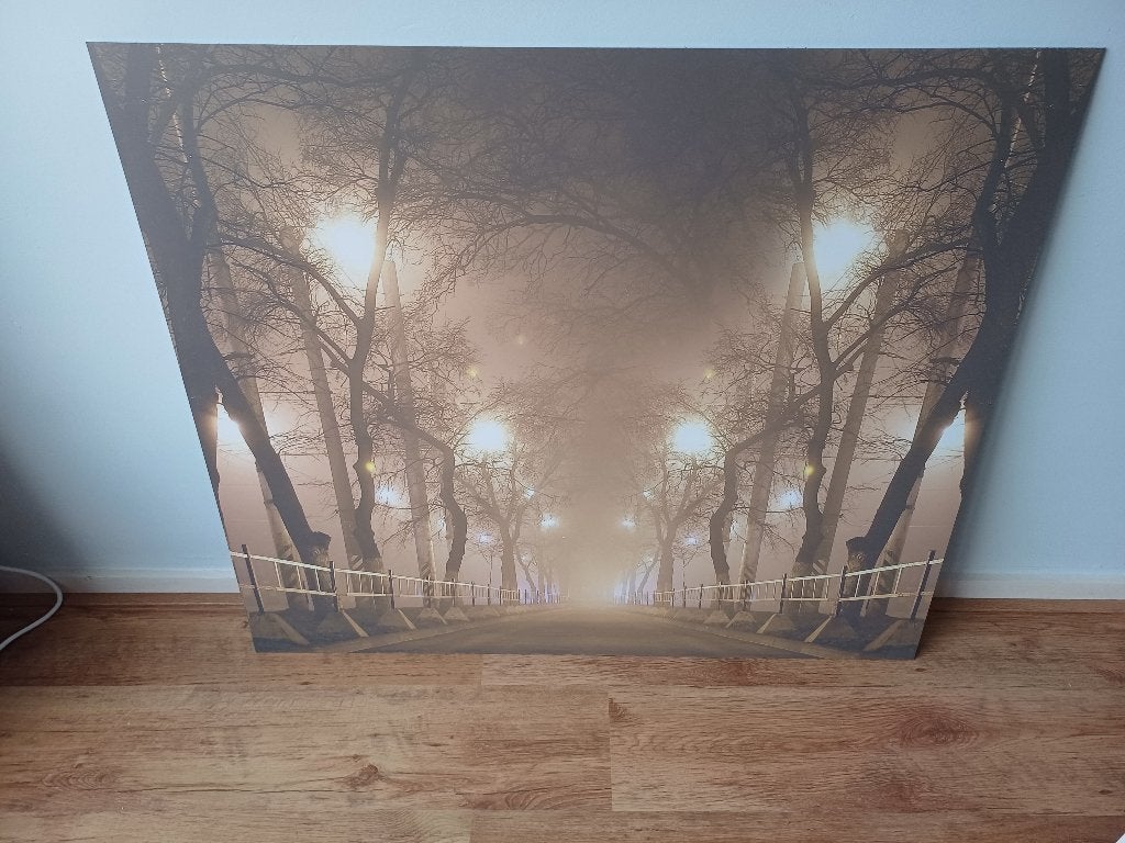 Schilderij avond bomen lantaarnpalen, Ophalen, Overige materialen, Ophangklaar, Stadsgezicht