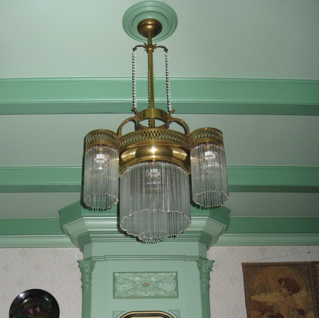 Antieke hanglamp art nouveau / jugendstil /glazen pegels, Antiek en Kunst, Antiek | Lampen, Ophalen