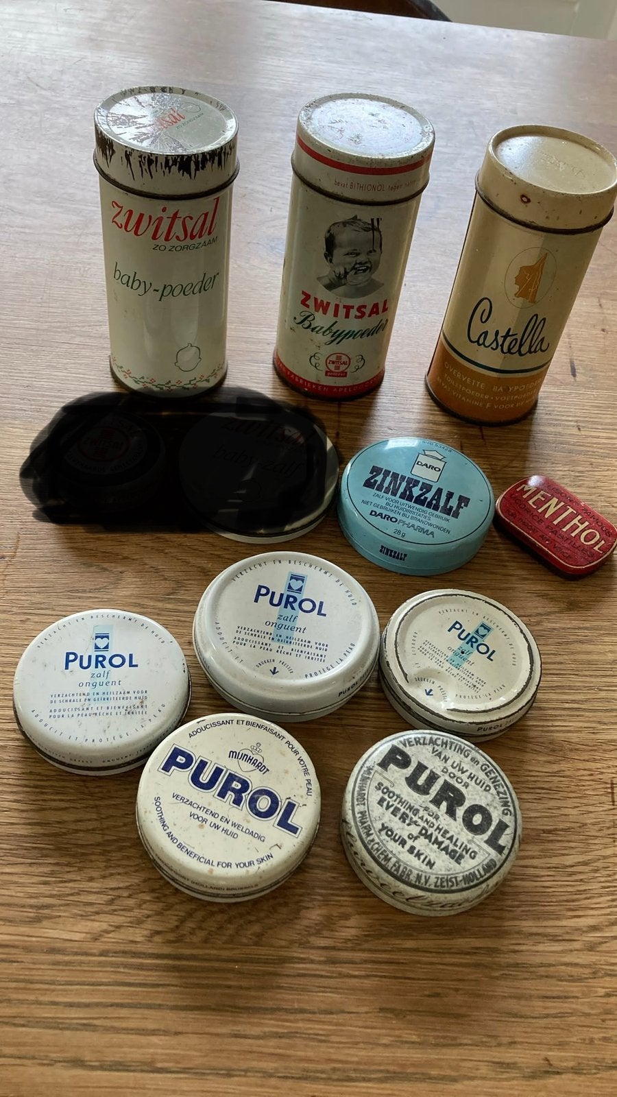 Collectie vintage blikjes: Purol, Zwitsal, Castella, Menthol, Ophalen of Verzenden, Gebruikt