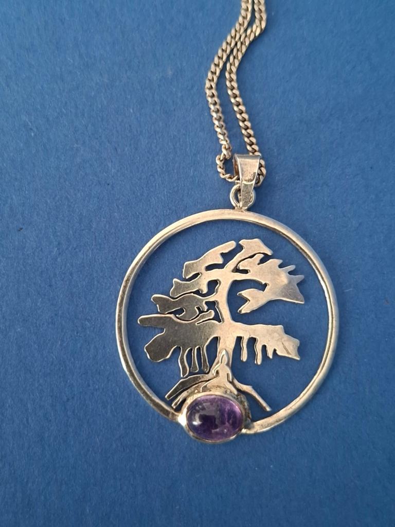 Zilveren ketting met levensboom hanger en amethist, Gebruikt, Ophalen of Verzenden, Met edelsteen, Zilver