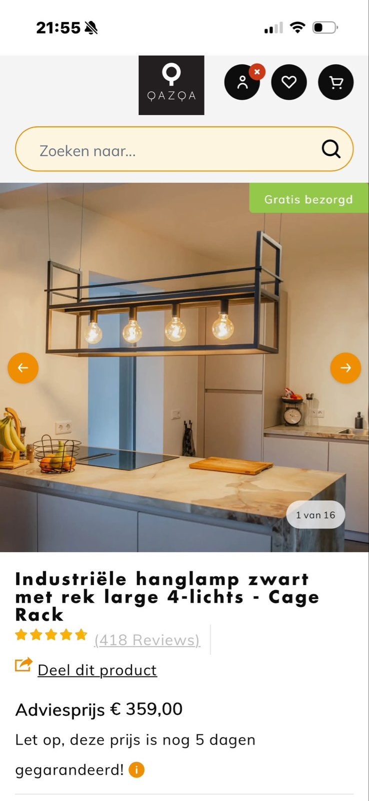 Industriële hanglamp zwart met rek - 4-lichts Cage Rack, Ophalen, Gebruikt, Metaal, E27 (groot)