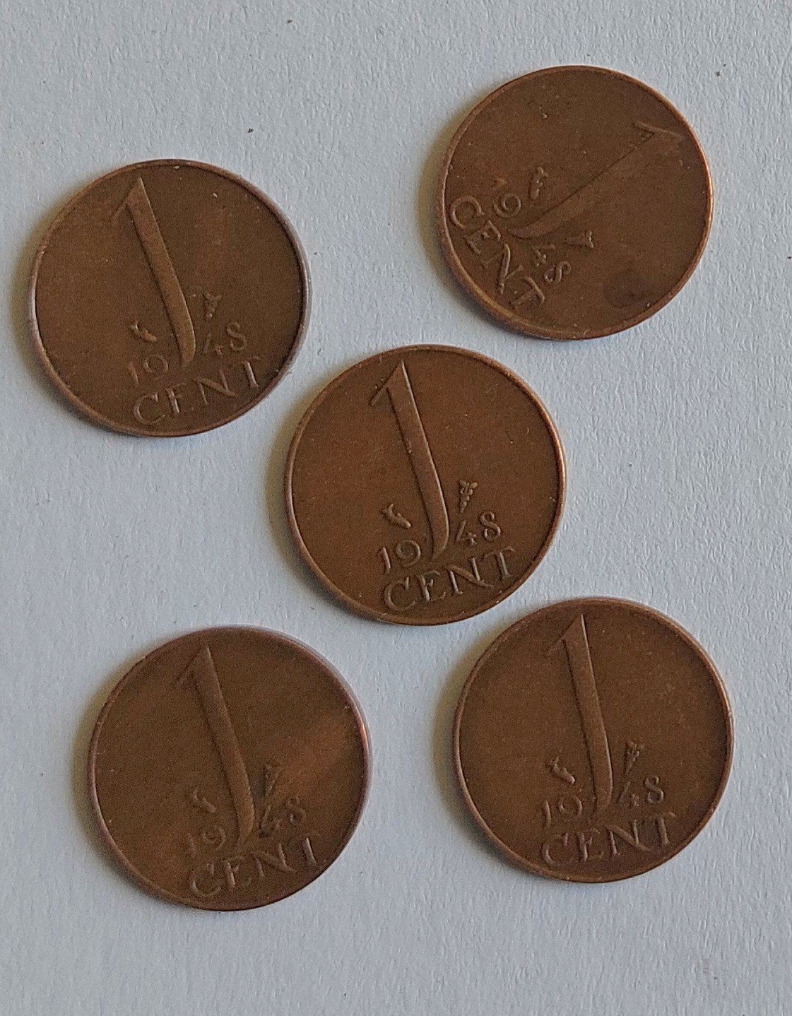 5x 1 Cent Munt Koningin Wilhelmina 1948, Ophalen of Verzenden, Koningin Wilhelmina, 1 cent, Setje