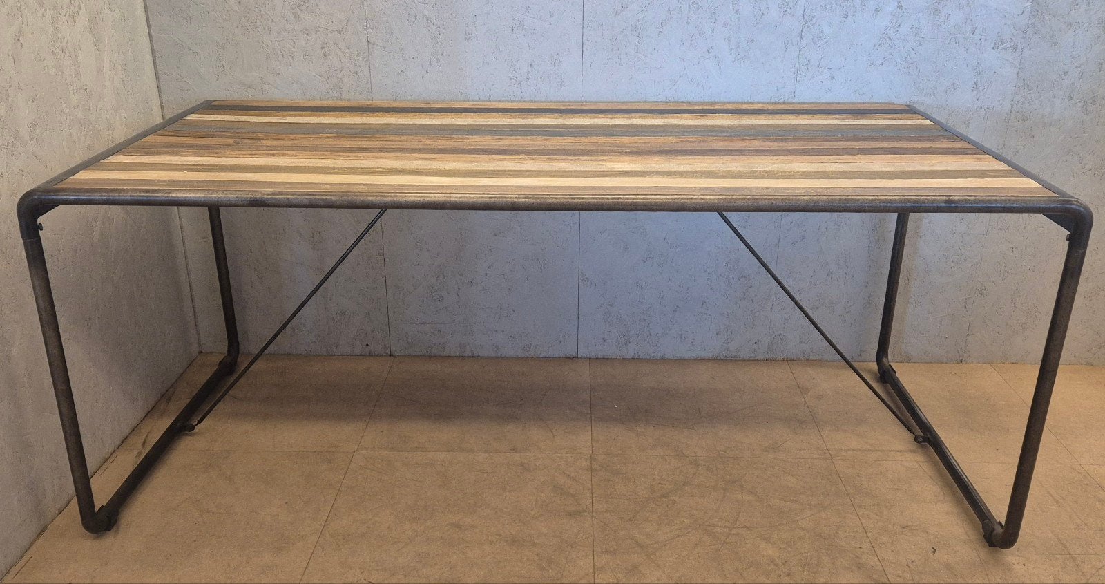 Industriële eettafel 200x100 hout & staal, Gebruikt, 200 cm of meer, 50 tot 100 cm, Vijf personen of meer