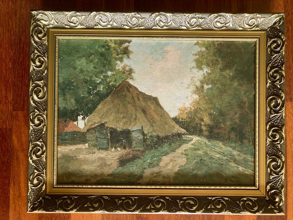 Landschap met schuur van J. van Zijl - olieverf 29 x 39 cm, Antiek en Kunst, Ophalen
