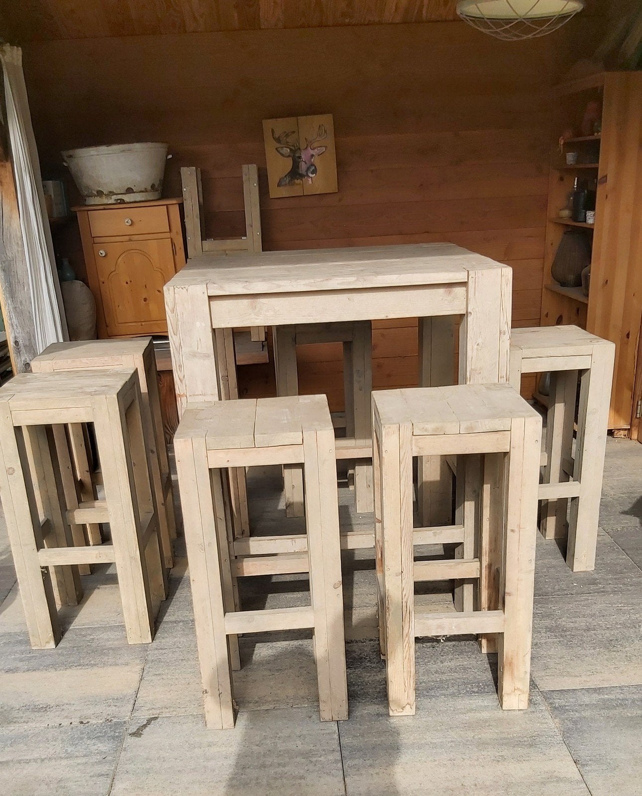 Statafel met krukken (Steigerhout), Ophalen, 90 cm of meer, Hout, Gebruikt