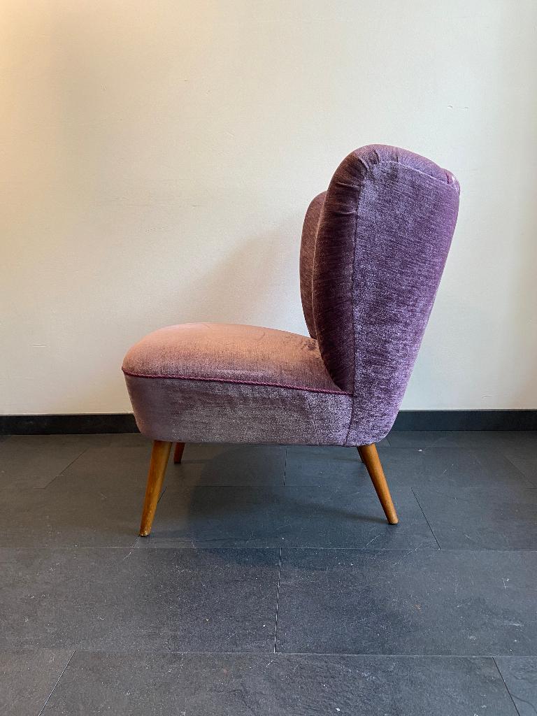 Vintage Cocktailfauteuil met lila velours bekleding, Ophalen, Gebruikt, Minder dan 75 cm, Stof