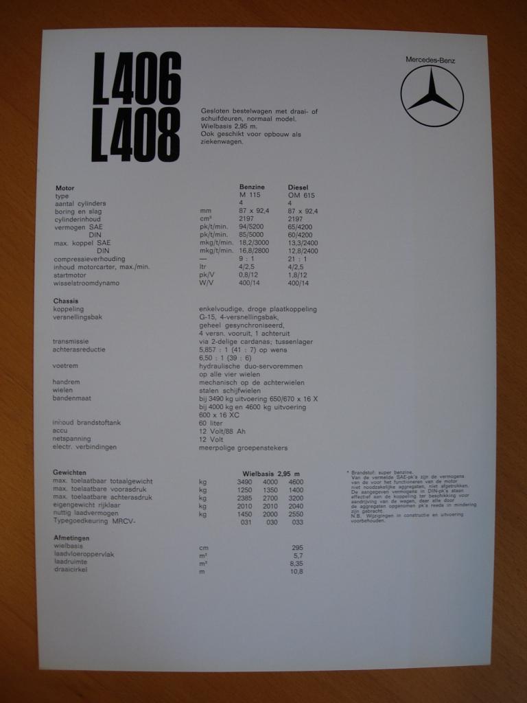 Mercedes 406 408 Technische Specificatie Brochure 1969 406D, Zo goed als nieuw, Mercedes-Benz, Mercedes, Ophalen of Verzenden