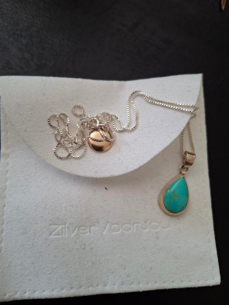 Zilveren ketting met turkoois zilveren hanger, Ophalen, Zo goed als nieuw, Met edelsteen, Zilver