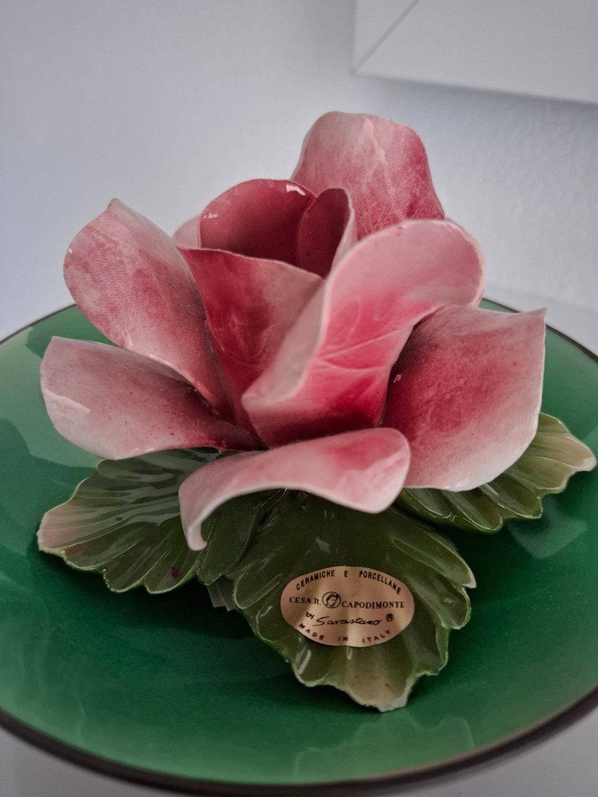 Capodimonte Porseleinen Roos op Groene Schaal, Ophalen of Verzenden