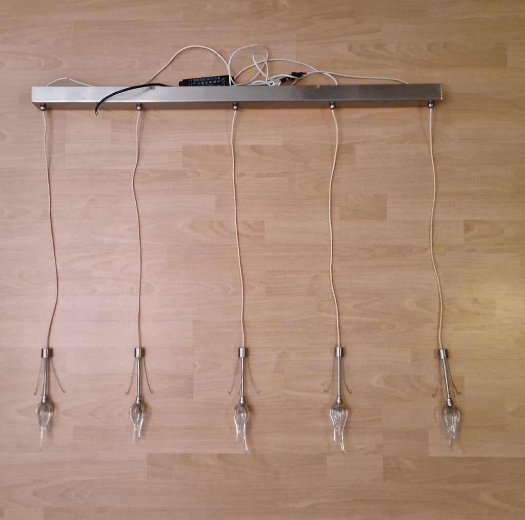 5-lichts hanglamp – Geborsteld RVS / glas (1 meter), Ophalen, Gebruikt, Glas, G4
