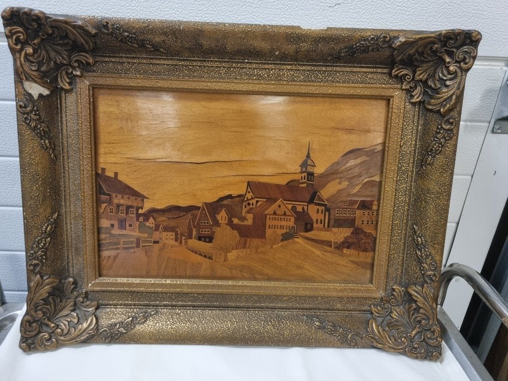 schilderij marqueterie houtinleg antiek kerkdorp, Ophalen of Verzenden, 'T Olde Gre-j, Info@toldegrej.nl, Endepoelstraat 20f Didam