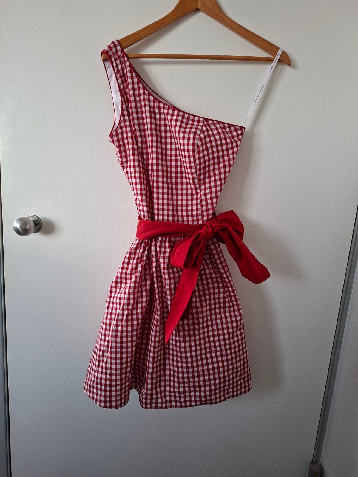 Geruite vintage off-shoulder jurk + strik Dorothy Perkins r, Kleding | Dames, Jurken, Maat 38/40 (M), Ophalen of Verzenden, Zo goed als nieuw