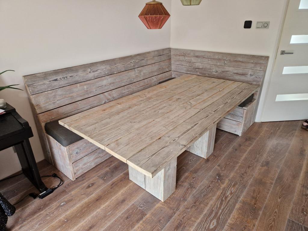 Steigerhouten hoekbank met eettafel, Ophalen, Gebruikt, 200 cm of meer, 50 tot 100 cm