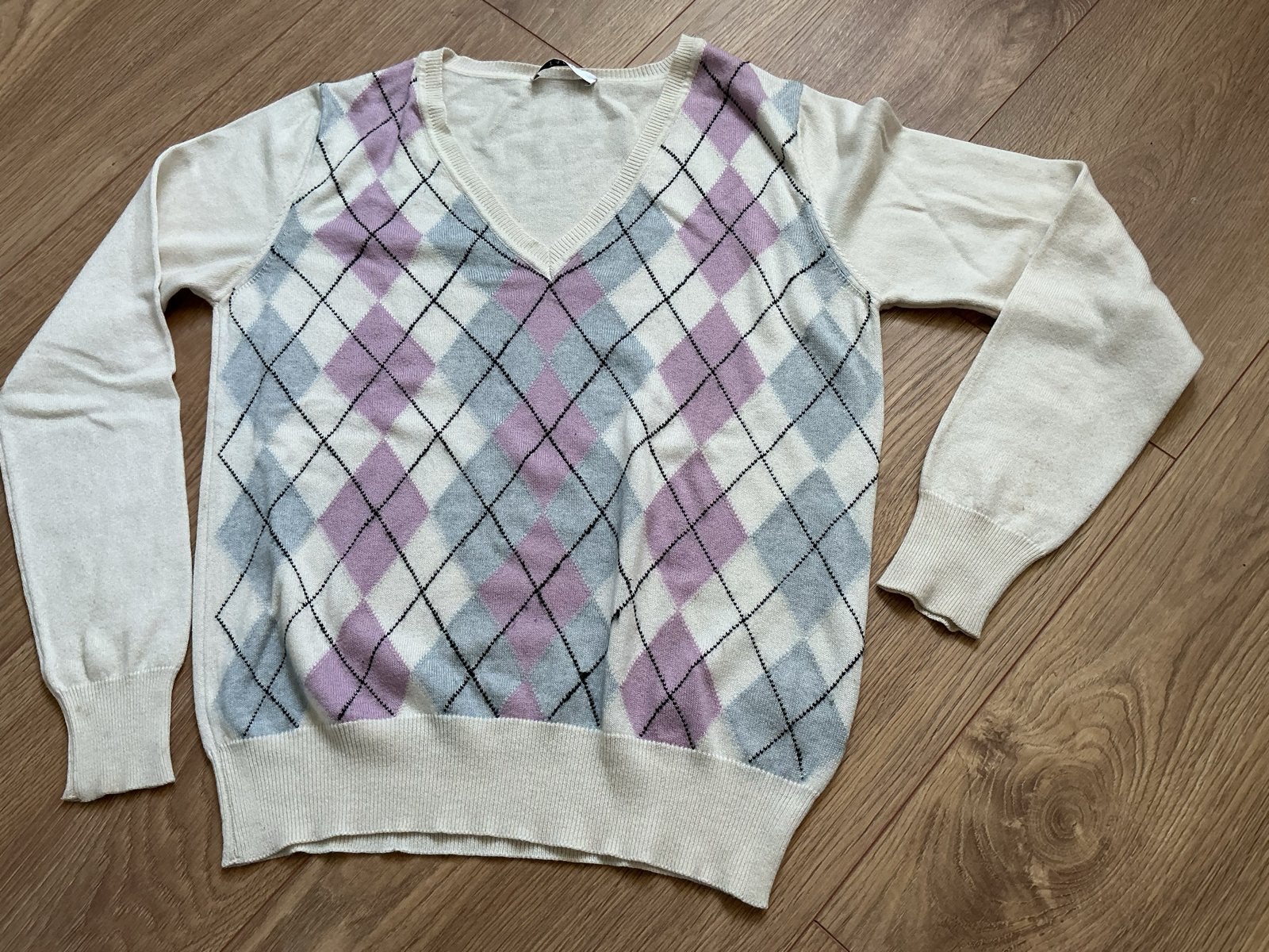 Argyle V-hals trui - Beige, paars, grijs, Ophalen of Verzenden, Zo goed als nieuw, Meerkleurig