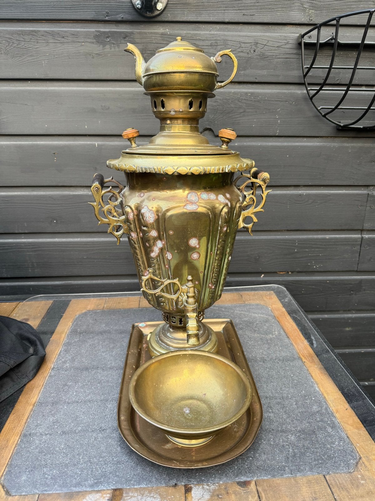 Antieke koperen Samovar met theepot en kom, Ophalen of Verzenden