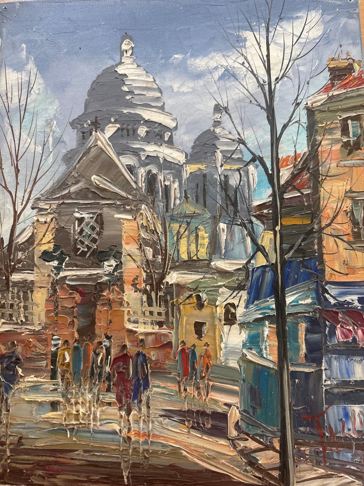 Olieverfschilderij Stadsgezicht met Kerk, Doek, Impressionistisch, Ophalen of Verzenden, Handgeschilderd