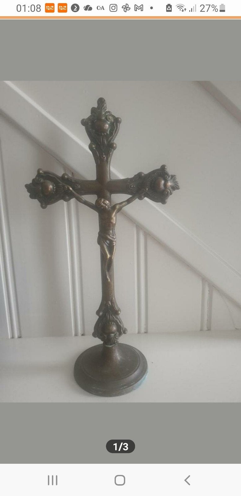 Antiek Koperen Kruisbeeld met Jezusfiguur, Ophalen of Verzenden