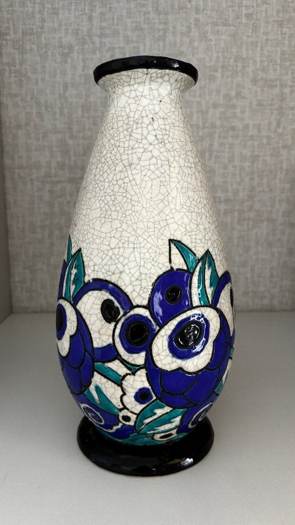 Art Deco vaas in craquelé keramiek met gestyleerde bloemen, Ophalen