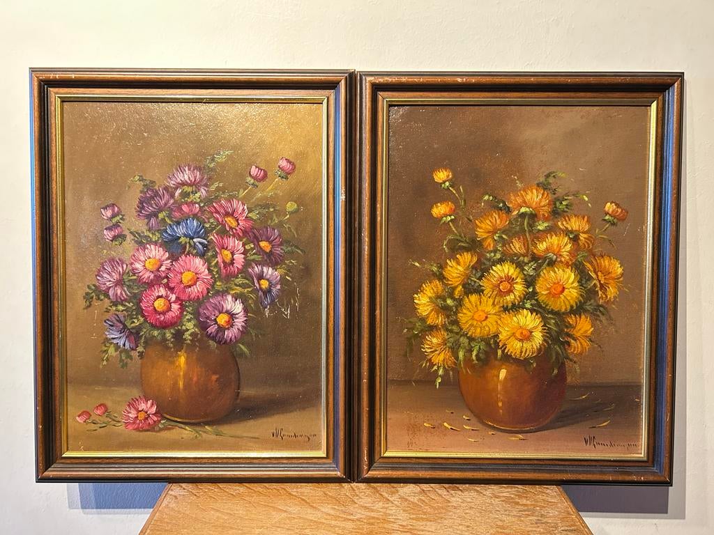 Van Vlaardingen - Pendant set 2x bloemstilleven in vaas, Ophalen of Verzenden