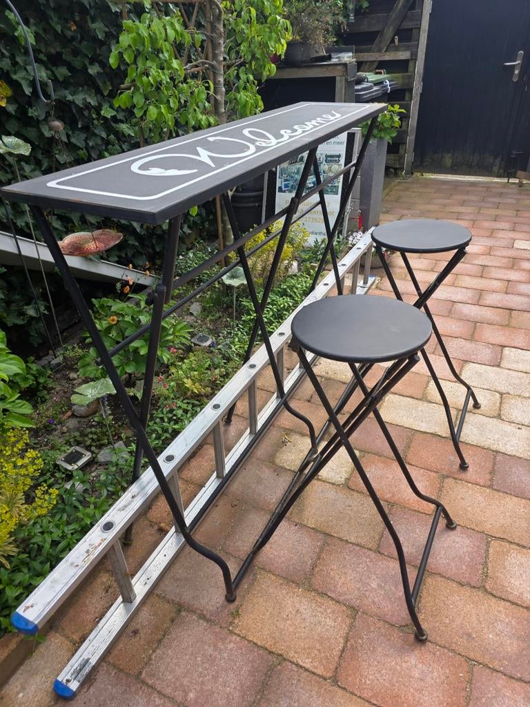 Barset met 2 krukken - Metaal - Zwart, Huis en Inrichting, Barkrukken, Ophalen, Gebruikt, 60 tot 90 cm, Metaal