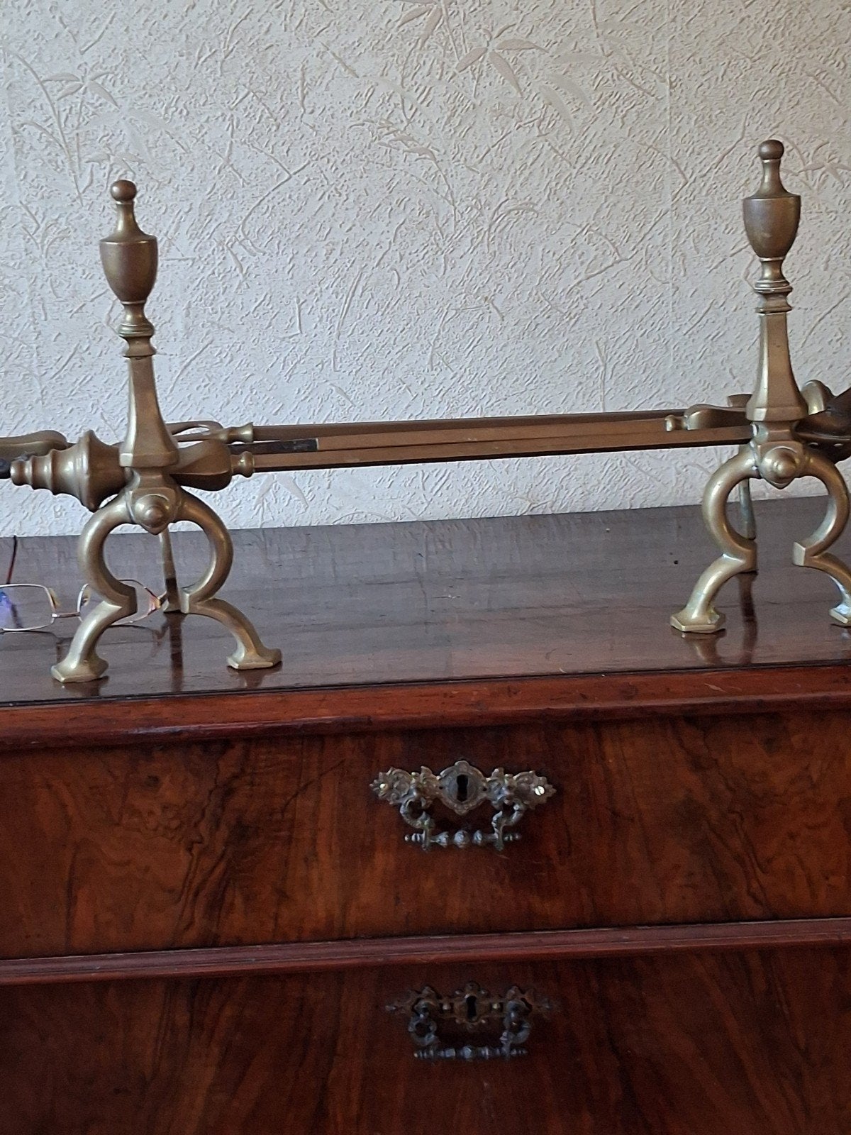 Antieke Messing Haardstel met Bokken en Gereedschap, Ophalen of Verzenden, Koper