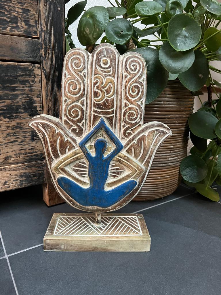 Houtsnijwerk hand fatima fatma hamsa yoga zen decoratie 42cm, Huis en Inrichting, Nieuw, Ophalen of Verzenden, https://verburgtvintage.nl/#contact