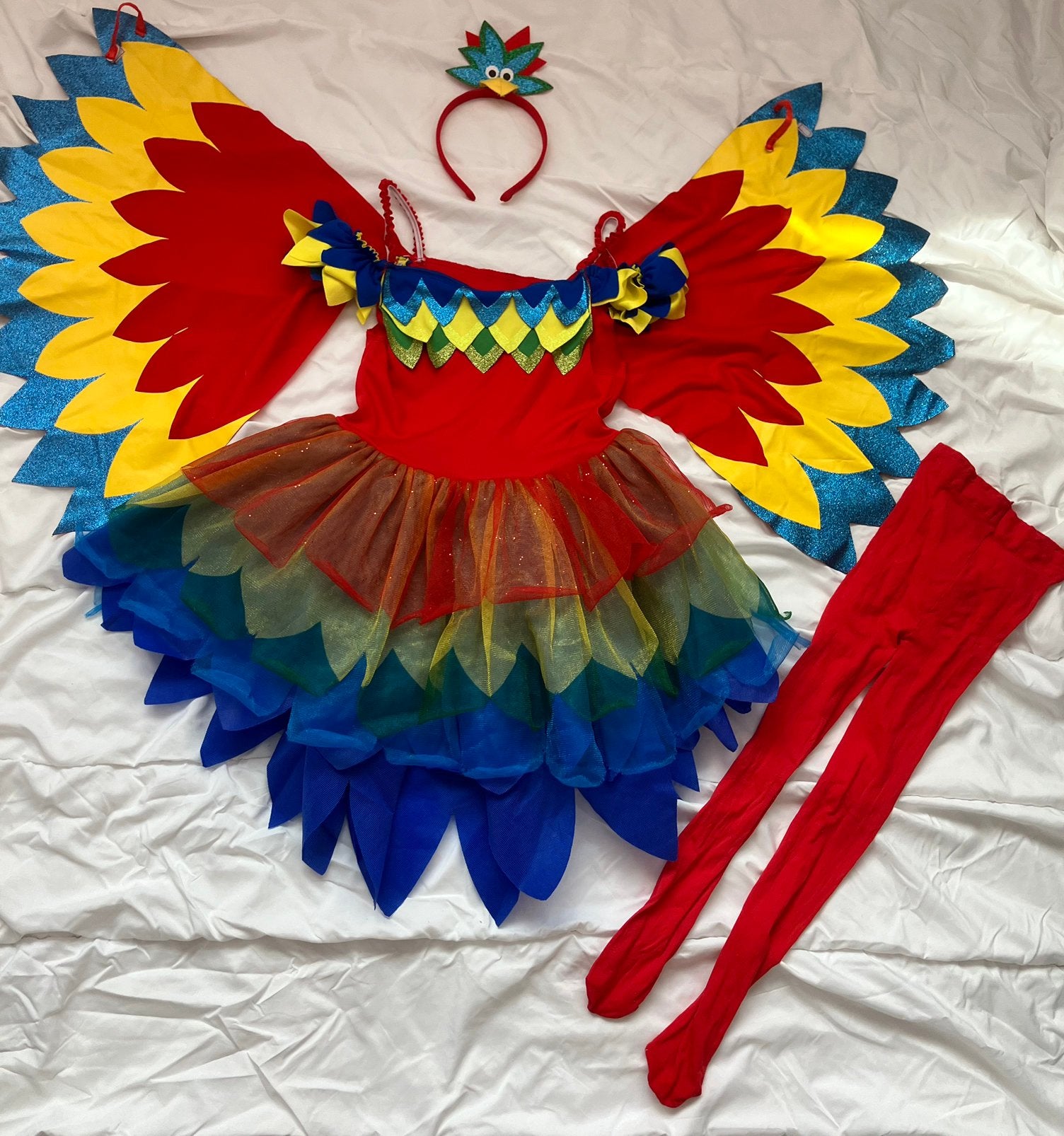 Papegaai kostuum met vleugels, haarband maat 122/128, Kinderen en Baby's, Carnavalskleding en Verkleedspullen, Ophalen of Verzenden