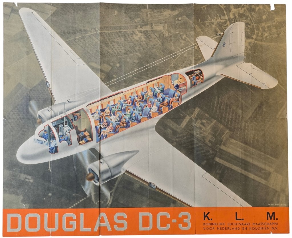 Poster Flyer – KLM Douglas DC-3, Jean Walther (1938), Ophalen of Verzenden, Gebruikt, Kaart, Foto of Prent