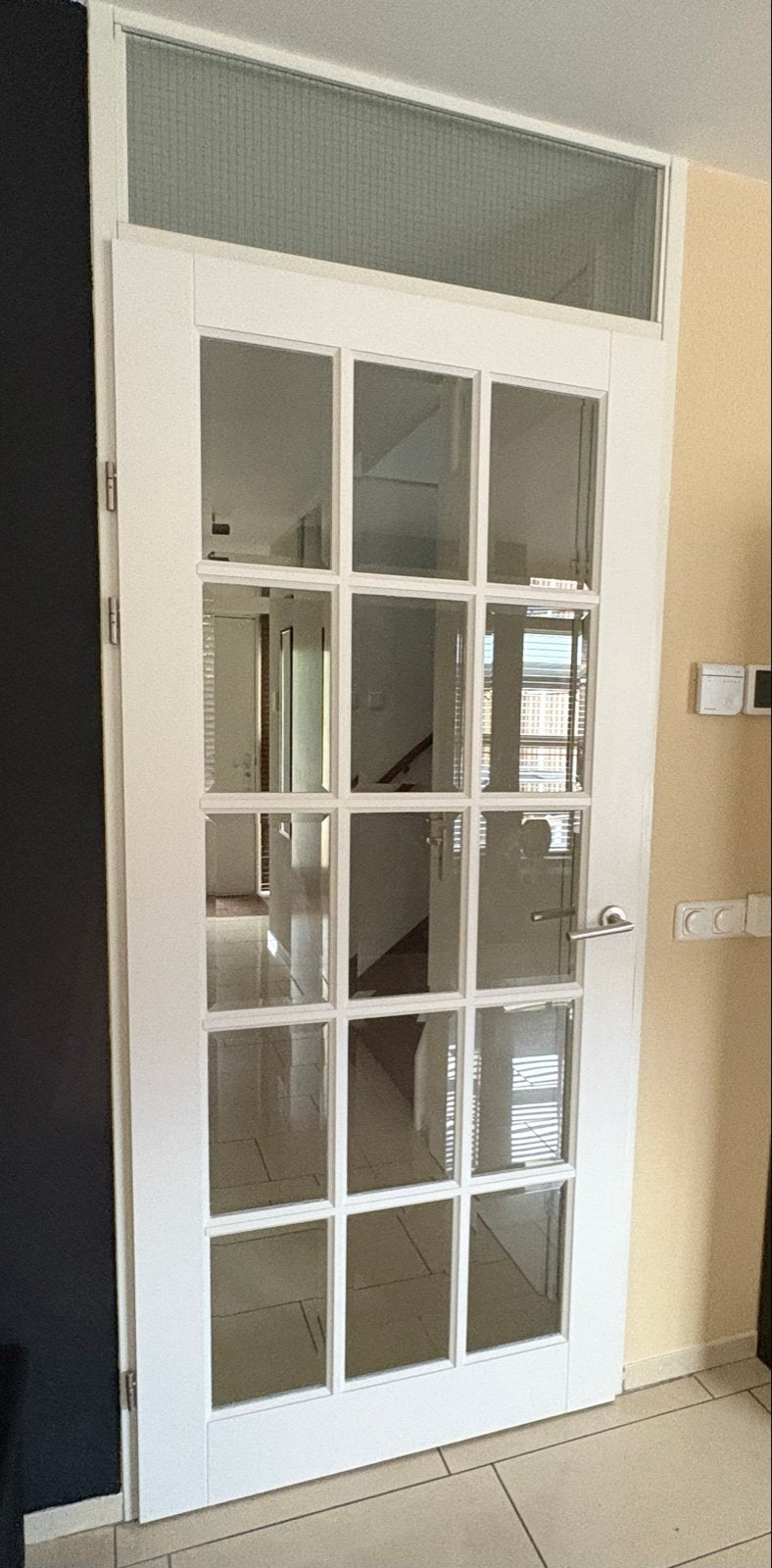 Opdekdeur hout met facetglas en roedeverdeling, Ophalen, Gebruikt, 80 tot 100 cm, Binnendeur