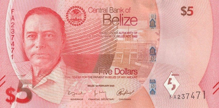 Belize bankbiljet 5 Dollars George Cadle Price 2025, P.W.74, Ophalen of Verzenden, Midden-Amerika, Los biljet