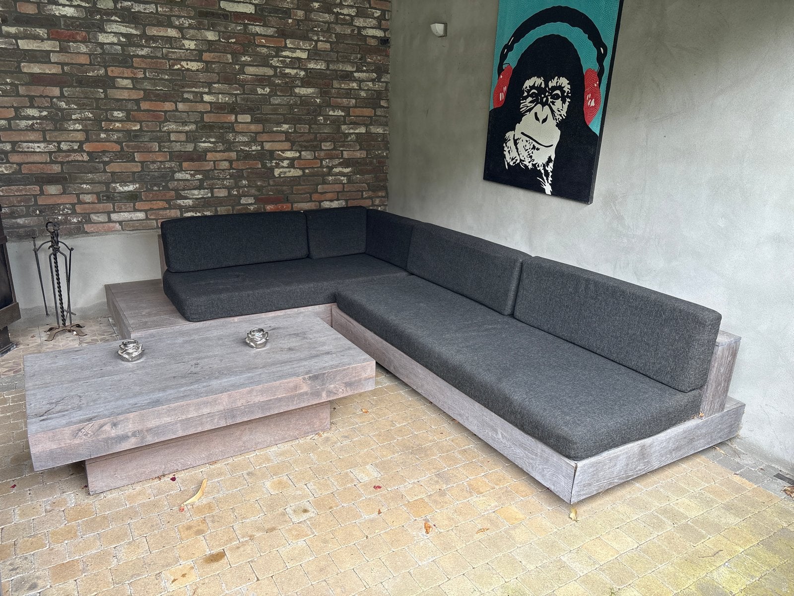 Modulaire Eiken Loungeset met Dikke Kussens en Wielen, Ophalen, Gebruikt, Meer dan 8 zitplaatsen, Loungeset