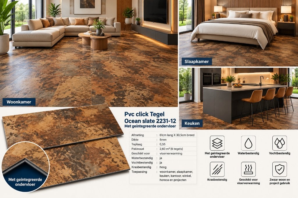 Pvc click Ocean Slate Rood Bruin met integreerde ondervloer