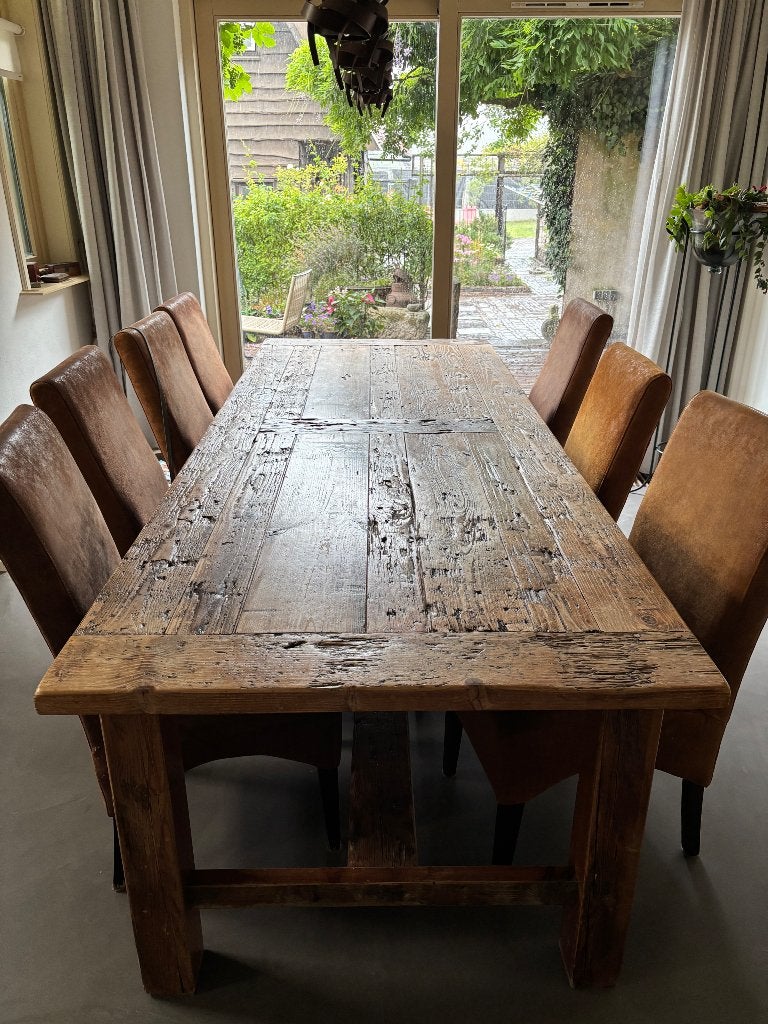 Robuuste tafel van oud hout, Ophalen, Gebruikt, Landelijk, oud/antiek, 200 cm of meer