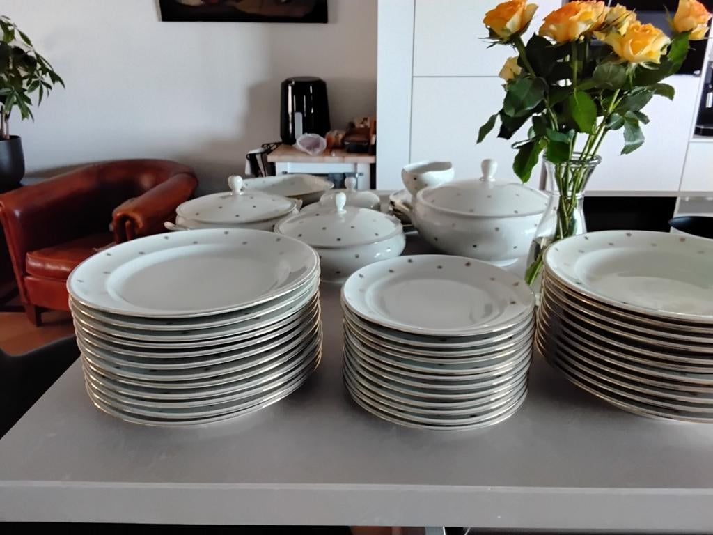 Dinerservies van "Hutschenreuther" met gouden sterretjes., Ophalen
