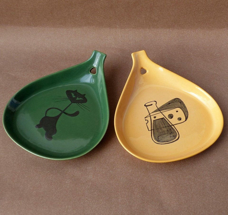 Jaren '60 vintage schalen set schaaltjes kat culinair print, Huis en Inrichting, Woonaccessoires | Schalen en Manden, Gebruikt