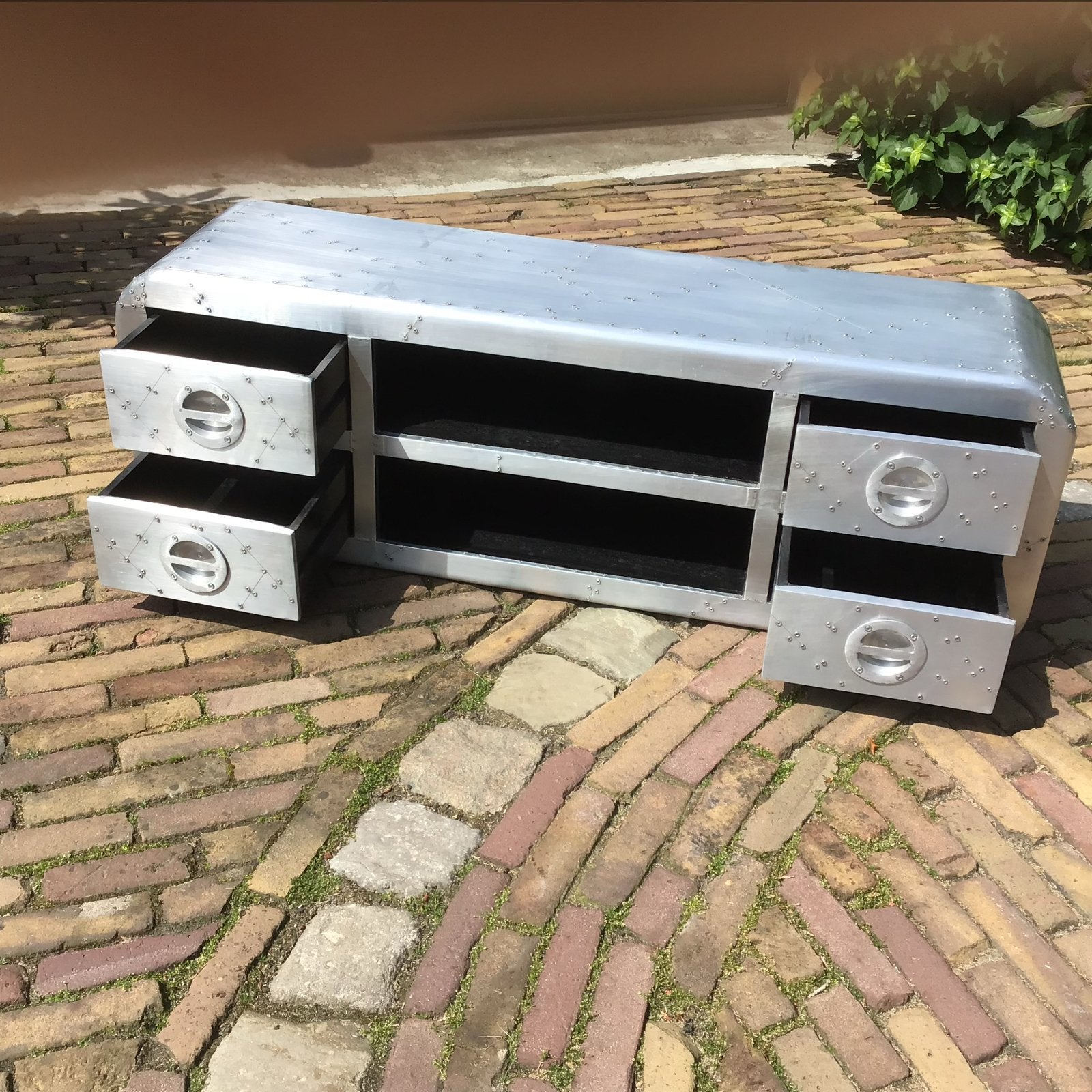 Industriële TV-meubel/dressoir van aluminium met lades, Ophalen, Gebruikt, 100 tot 150 cm, Minder dan 100 cm