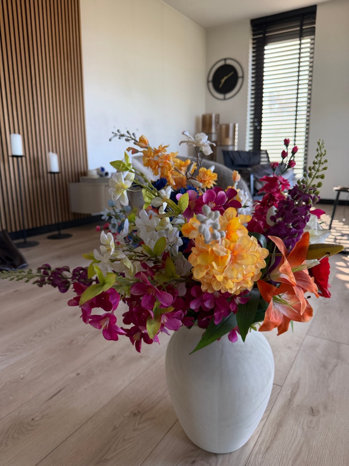 Prachtig kleurrijk kunstboeket - diverse bloemen, Ophalen, Binnen, Zo goed als nieuw, Kunststof