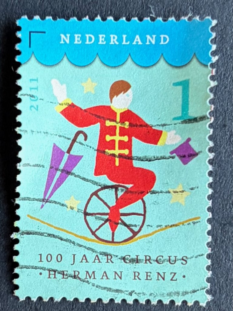 Postzegel Nederland Circus Herman Renz acrobaat, Ophalen of Verzenden, Na 1940, Gestempeld