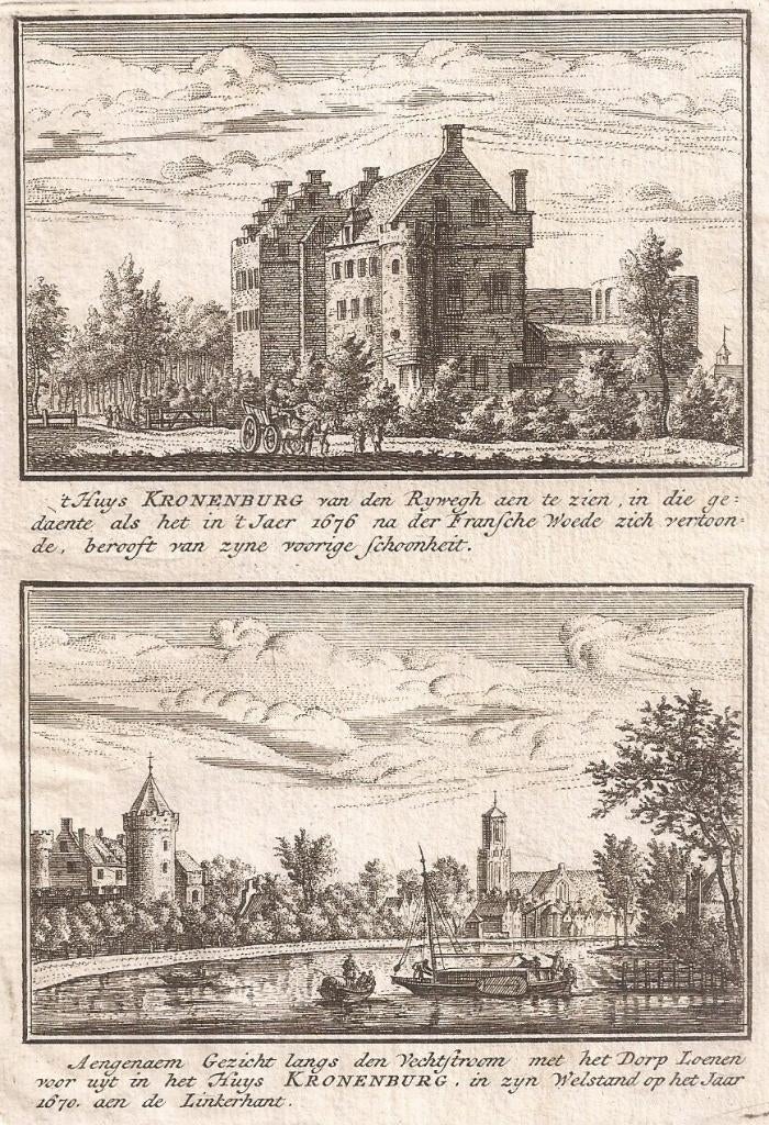 Huys Kronenburg van den Rywegh/Aengenaem Gezicht Vechtstroo, Antiek en Kunst, Kunst | Etsen en Gravures, Origineel, Architectuur