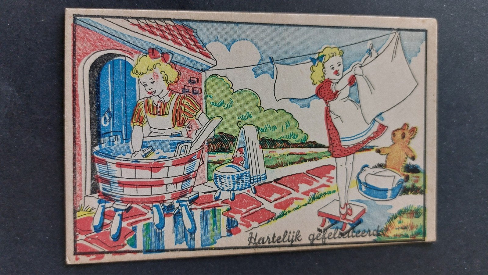 Fantasie, de was wordt nog in de tobbe gedaan, hartelijk gef, Verzenden, 1940 tot 1960, Ongelopen, Overige thema's