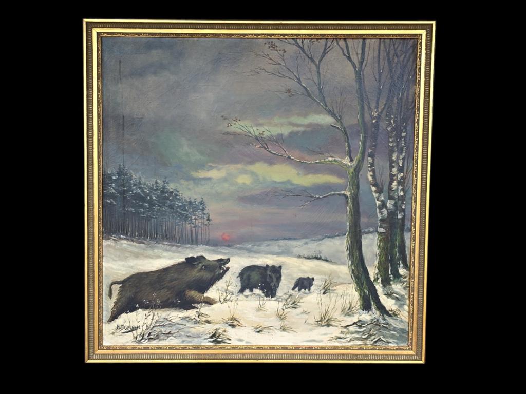 Groot schilderij: Wilde zwijnen in winterlandschap.Gesign., Ophalen of Verzenden