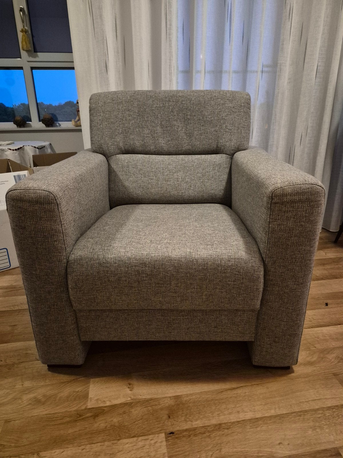 Tweezitsbank met fauteuil - Grijs stof, Ophalen, Gebruikt, 150 tot 200 cm, Tweepersoons