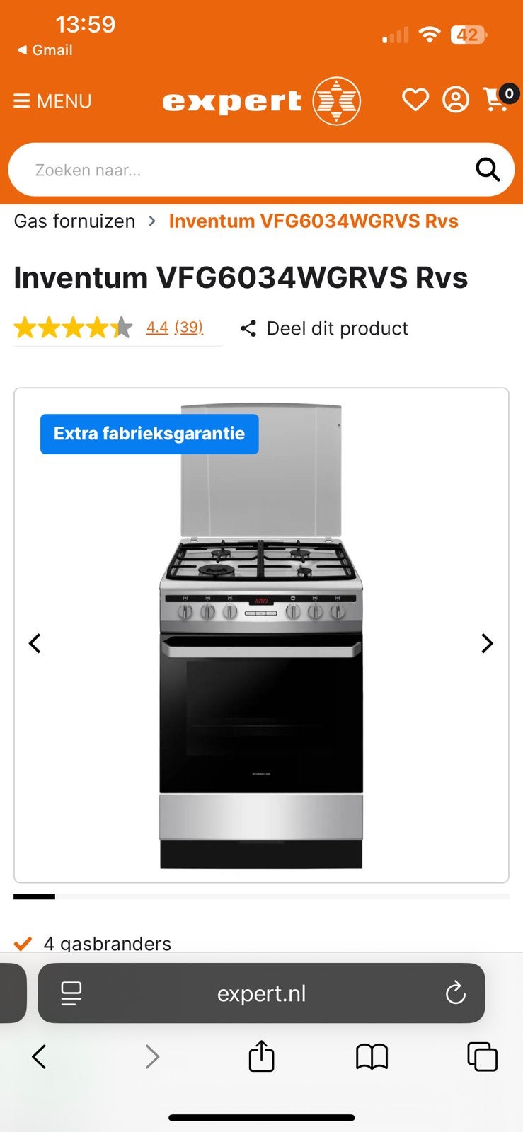 Inventum VFG6034WGRVS Fornuis, Ophalen, Warmhoudplaat, 4 kookzones, Zo goed als nieuw