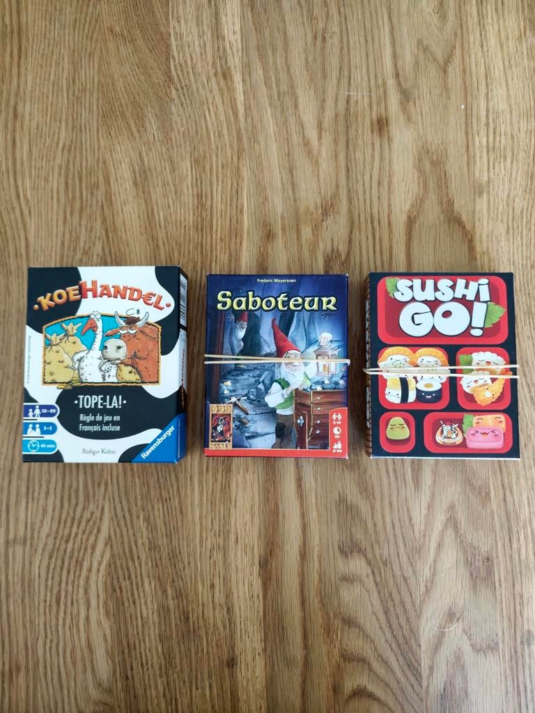 Diverse spellen: Koehandel, Saboteur, Sushi Go! (3 stuks), Hobby en Vrije tijd, Gezelschapsspellen | Kaartspellen, Vijf spelers of meer