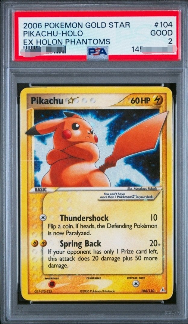 2006 Pokemon Gold Star Pikachu-Holo EX Holon Phantoms PSA 2, Hobby en Vrije tijd, Ophalen of Verzenden, Gebruikt, Losse kaart