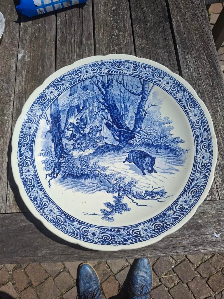Grote Delfts Blauwe Schaal met Jachtscène, Ophalen of Verzenden