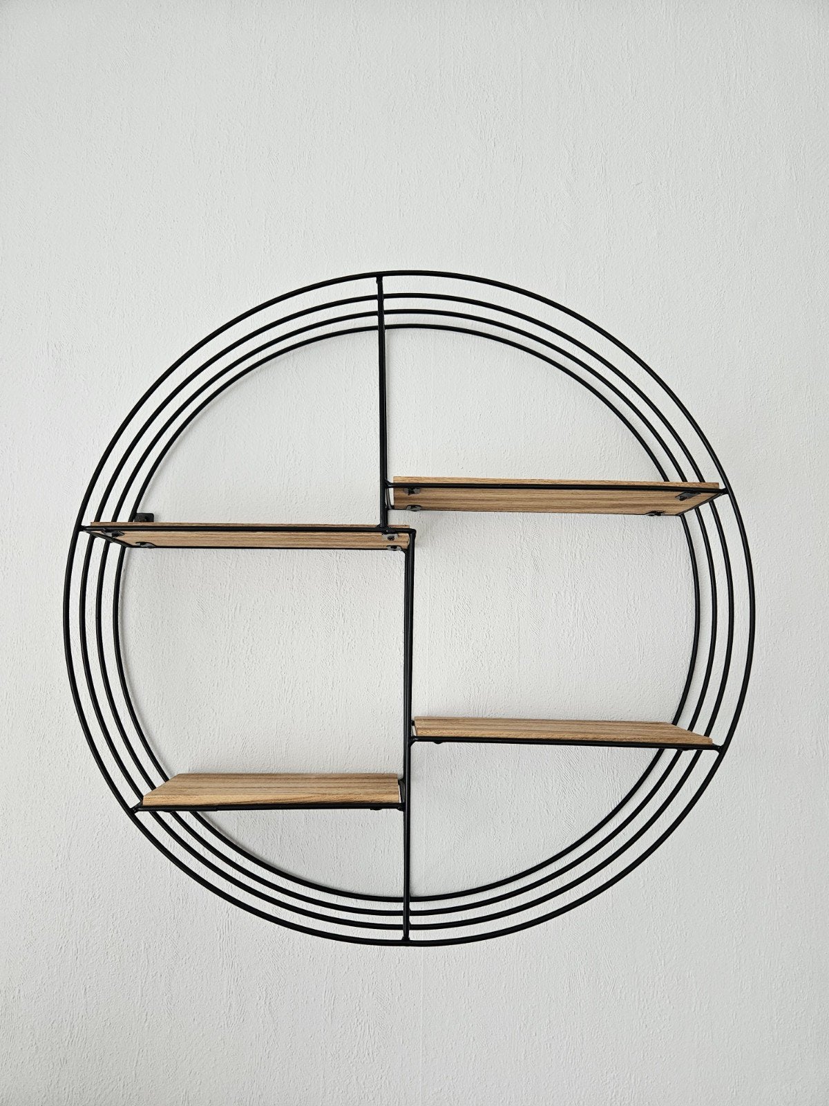 Rond wandrek met houten planken - Zwart metaal, Huis en Inrichting, Woonaccessoires | Wandplanken en Boekenplanken, Ophalen, Zo goed als nieuw