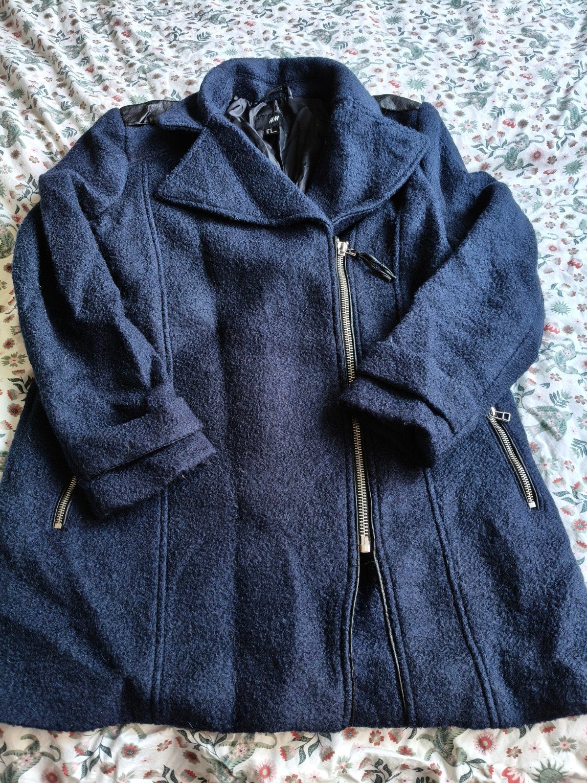 H&M wollen jas met leren details, H&M, Maat 42/44 (L), Gedragen, Verzenden