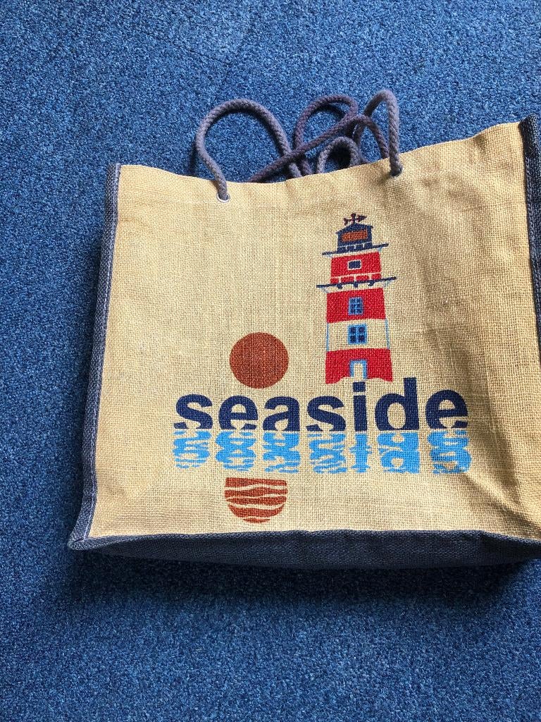 Vintage tas met vuurtoren 35x45 jute achtig strandtas, Ophalen of Verzenden, Gebruikt, Beige, Overige typen