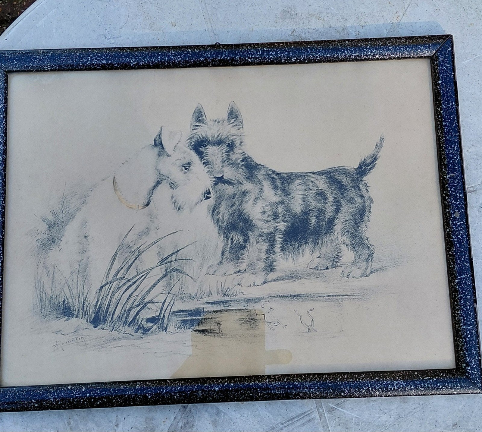 Ingelijste reproductie van twee honden, Ophalen of Verzenden, Reproductie, Print/reproductie, Gesigneerd